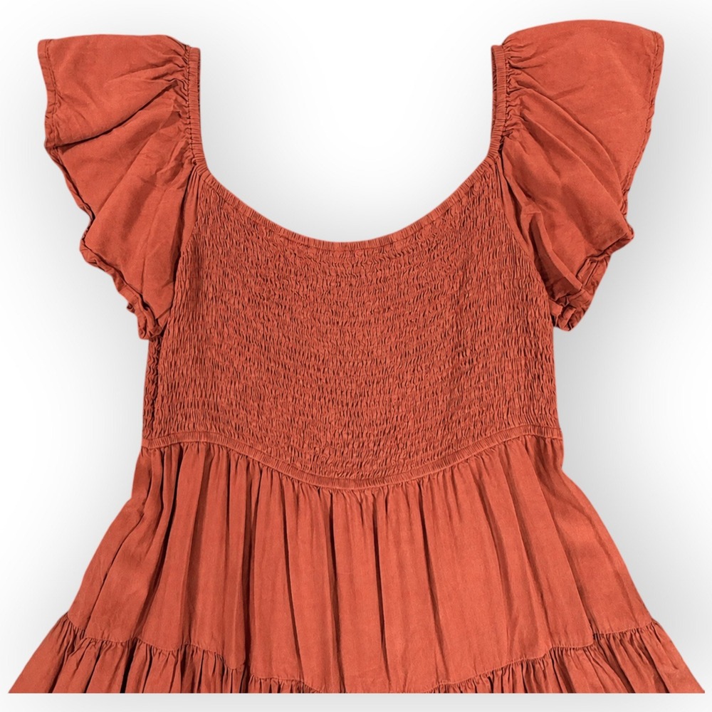 WISHLIST Smocked Bodice Tiered Maxi Dress Womens L Rust Ruffle Boho Flowy - Picture 4 of 8